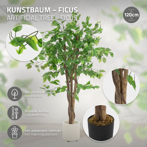 Künstlicher Ficusbaum, 120 cm hoch, im passenden Übertopf