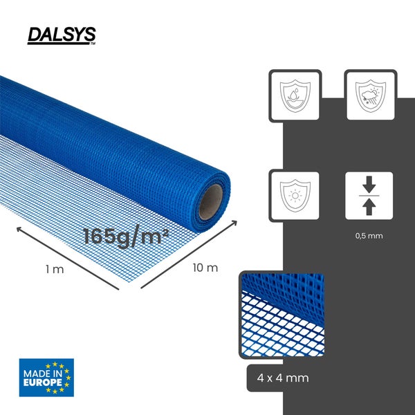 Dalsys Logo. Armierungsgewebe, Glasfaser, 165 Gramm pro Quadratmeter, 1 Meter mal 10 Meter, Maschenweite 4 mal 4 Millimeter, Made in Europe.