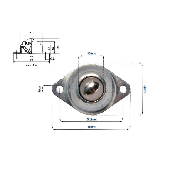 Kugelrolle mit Metallgehäuse und zwei Befestigungslöchern inklusive technischer Maßzeichnung mit Belastbarkeit von maximal 10 Kilogramm.