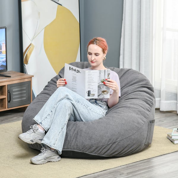 HOMCOM Sitzsack aufblasbares Sofa Bodensessel Sitzkissen gepolstert mit 2 Seitentaschen waschbar für Wohnzimmer Liege Schlafzimmer Polyester-Gewebe Schaumstoff-Füllung Dunkelgrau Ø115x71 cm