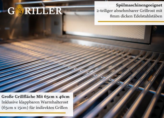 Goriller Logo. Gasgrill mit zweiteiligem Edelstahl-Grillrost aus 8 Millimeter dicken Stäben und Warmhalterost. Spülmaschinengeeignet.