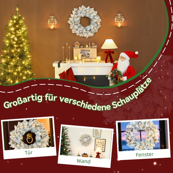 Beschneiter Weihnachtskranz mit warmweißer LED-Beleuchtung, dargestellt als Dekoration an Tür, Wand und Fenster.
