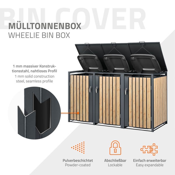 ML-Design Mülltonnenbox 3er 3 Tonnen 240L 200x80x116,3cm Anthrazit-Lärchenoptik, Stahl wetterfest/abschließbar Mülltonnenverkleidung Klappdeckel/3 Türen, Müllbox Mülltonnecontainer Mülltonnenabdeckung