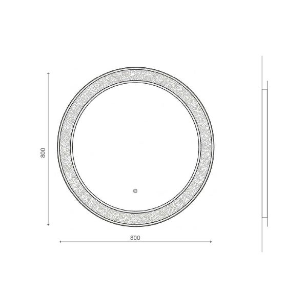 Technische Zeichnung eines runden Spiegels mit 800 Millimeter Durchmesser, dekorativem Rand, Touch-Sensor und Seitenansicht.