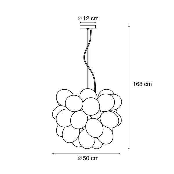 Abbildung einer Pendelleuchte mit den Maßen 168 cm Höhe und 50 cm Durchmesser