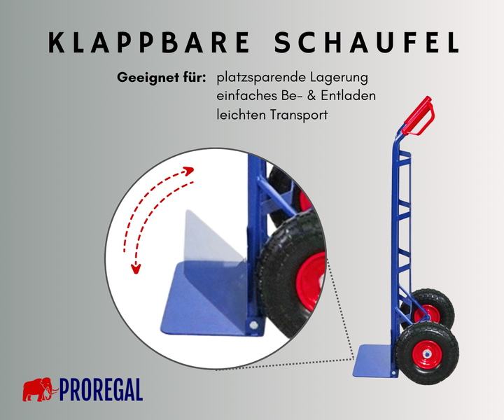 Proregal Logo und Sackkarre mit klappbarer Schaufel für platzsparende Lagerung und einfachen Transport.
