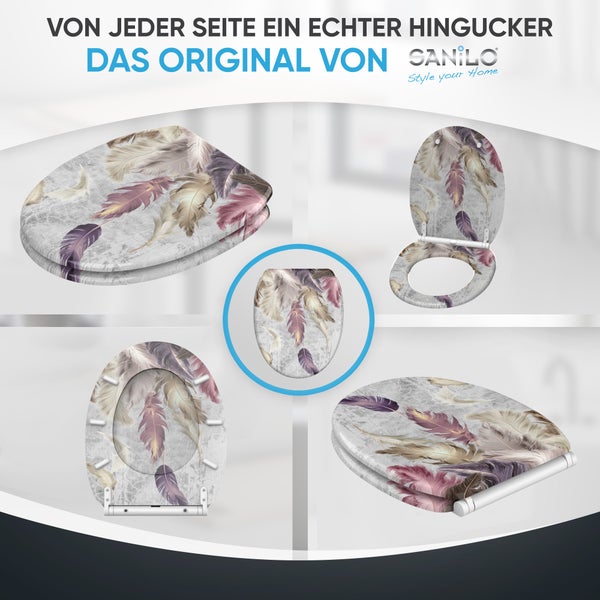Sanilo Toilettensitz mit Federmuster in verschiedenen Ansichten: geschlossen, geöffnet und von unten, Sanilo Logo.