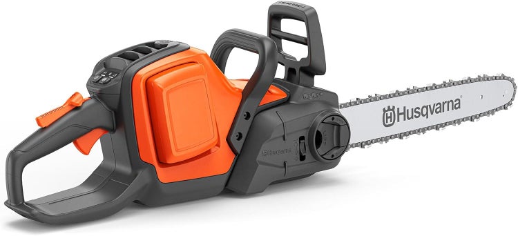 Husqvarna Akku Kettensäge mit Führungsschiene und Husqvarna Logo