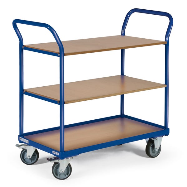 Etagenwagen mit drei Holzablagen und blauem Metallgestell