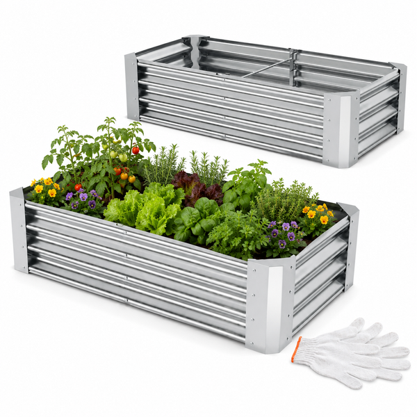 Zwei rechteckige Hochbeete aus Wellblech, eines leer und eines bepflanzt mit Gemüse und Blumen, daneben liegen Gartenhandschuhe.