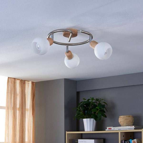 Lindby Deckenlampe Glas, Metall in Holzoptik Deckenstrahler drehbar und schwenkbar 3x E14 max. 40W ohne Leuchtmittel Deckenleuchte Spot Strahler