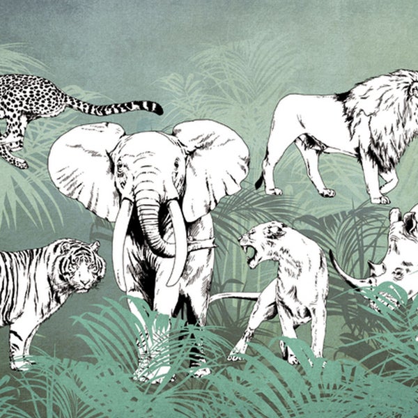 Tapete mit Tiermotiven: Leopard, Elefant, Löwe, Tiger und Nashorn