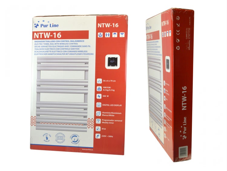 Verpackung eines Pur Line NTW-16 elektrischen Handtuchwärmers mit digitaler LED Anzeige, Wochenzeitschaltuhr und Thermostat