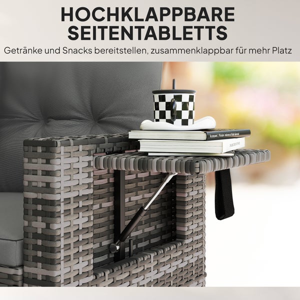 Grauer Polyrattan-Gartenstuhl mit hochklappbarem Seitentablett für Getränke und Snacks.
