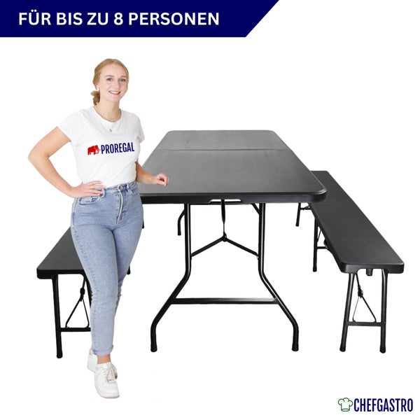 Schwarze Klapptischgarnitur aus Kunststoff für bis zu 8 Personen mit Klapptisch und zwei Bänken. ChefGastro Logo. ProRegal Logo.