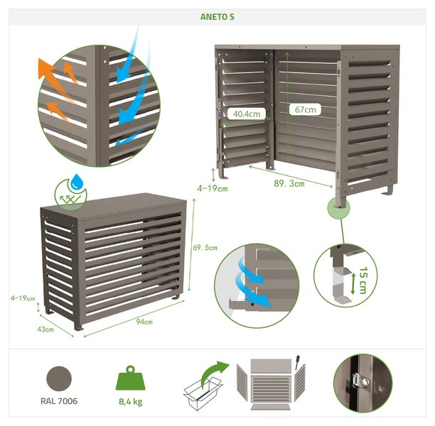 Aneto S Sichtschutz für Klimaanlage mit Maßangaben