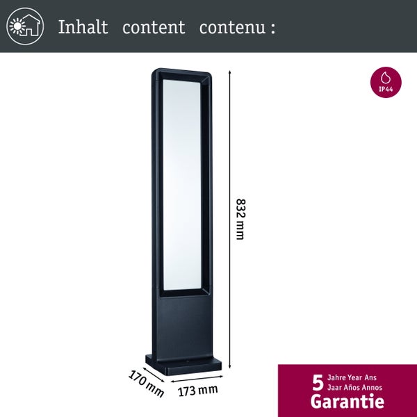 Moderne Außenstandleuchte: 832 Millimeter Höhe, 173 Millimeter Breite, 170 Millimeter Tiefe. Spritzwassergeschützt IP44 und 5 Jahre Garantie.