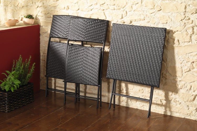 FRANK FLECHTWAREN | Bistro-Set Pure Elegance, 3tlg., KUNSTSTOFF, METALL, Stuhl 40 x 42 x 82 cm, Sitzhöhe 43 cm, Tisch 60 x 60 x 72 cm, platzsparend zusammenklappbar