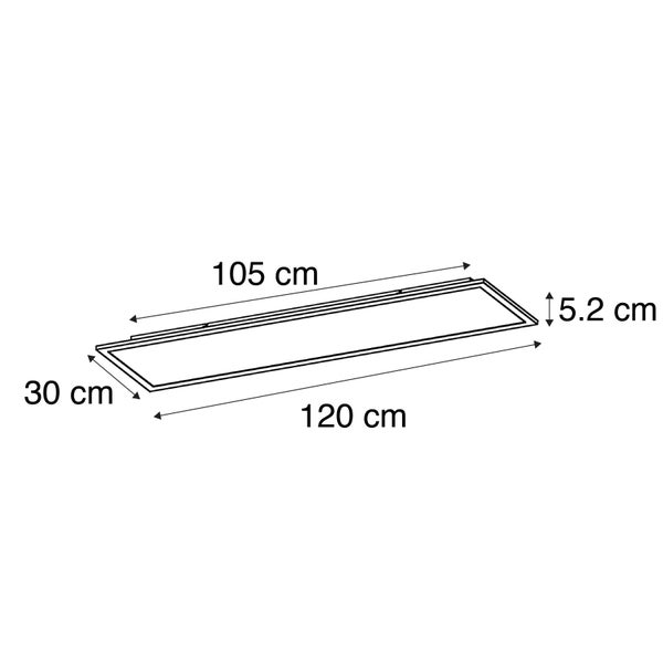 Technische Zeichnung einer LED-Lampe mit den Maßen 120 cm Länge, 30 cm Breite, 105 cm Abstand zwischen den Befestigungspunkten und 5,2 cm Höhe.