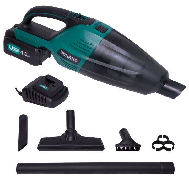 VONROC Akku-Handstaubsauger/Handsauger – 20V – 0,5-L-Auffangbehälter - Inkl. 1 x 4,0-Ah Akku, Ladegerät, 3 Düsen und Verlängerungstück