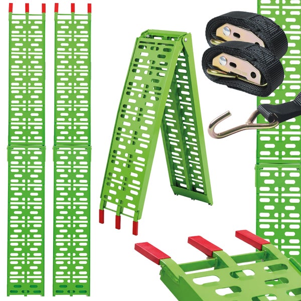 Set aus klappbaren Auffahrrampen mit Lochprofil und zwei Spanngurten für den Transport von Motorrädern oder Kleinfahrzeugen.