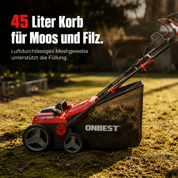 Vertikutierer mit einem 45 Liter Fangkorb aus Meshgewebe auf einer Rasenfläche.
