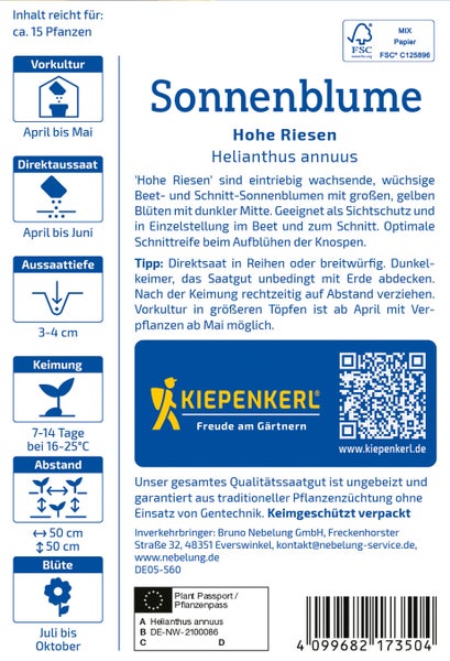 Saatguttüte Sonnenblume Hohe Riesen mit Aussaat- und Pflegehinweisen von Kiepenkerl.