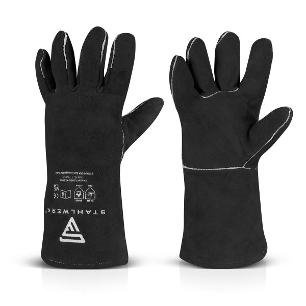 Schwarze Schweißerhandschuhe aus Leder mit langer Stulpe, Schutz gegen Hitze und mechanische Risiken, STAHLWERK Logo.
