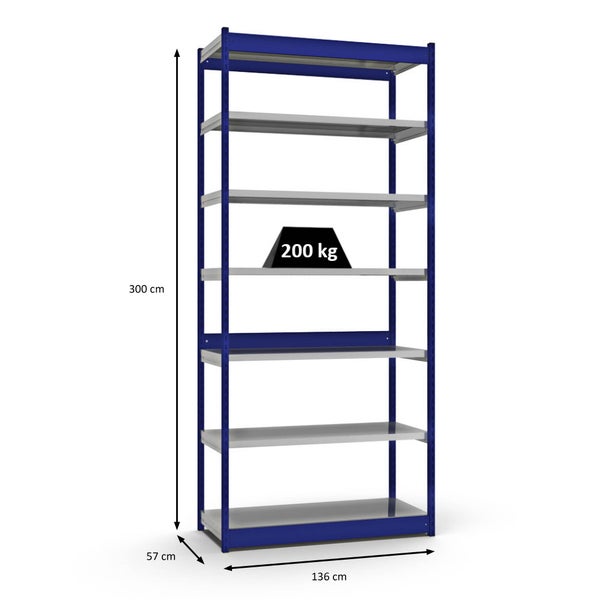 PROREGAL Fachbodenregal Stecksystem Vierkant-Profil Grundregal HxBxT 300 x 132,5 x 50 cm 7 Ebenen Einseitige Bauart Fachlast 200 kg Enzianblau