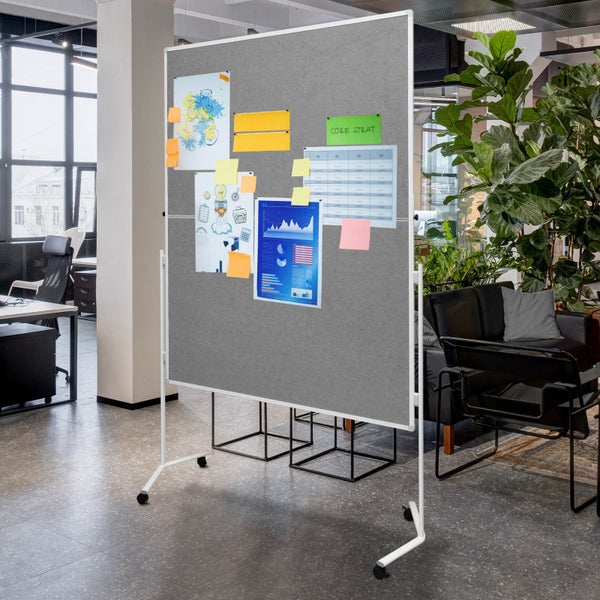 Moderationstafel FOLD - klappbare Metaplanwand mit Filz-Oberfläche - mobil dank Rollen - beidseitig nutzbar - Filz-Moderationswand 120x150 cm - Grau