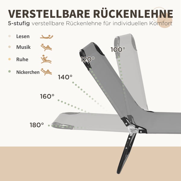 Gartenliege mit 5-stufig verstellbarer Rückenlehne von 100 bis 180 Grad für Lesen, Musik, Ruhe und Nickerchen.