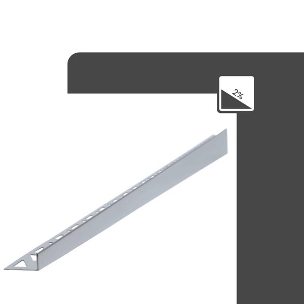 Abschlussprofil aus Metall für Fliesen mit gelochtem Schenkel und Symbol für zwei Prozent Gefälle.