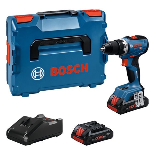 Bosch Professional Akku Bohrschrauber mit ProCORE Akku, Ladegerät und L-BOXX Aufbewahrungskoffer.