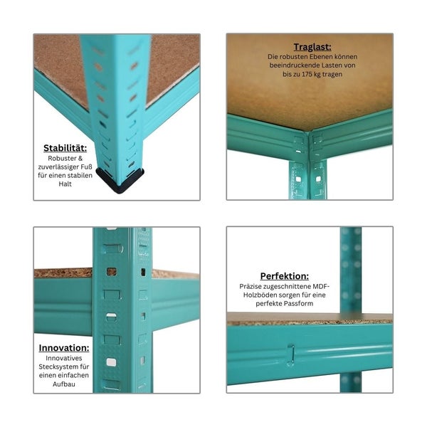 BERLINLODGE Mega Deal 4x Wohnregal GREEN HULK, HxBxT 180x90x40cm, Fachlast 175kg, 5 Ebenen, Grün, Bücherregal, Standregal, Büroregal