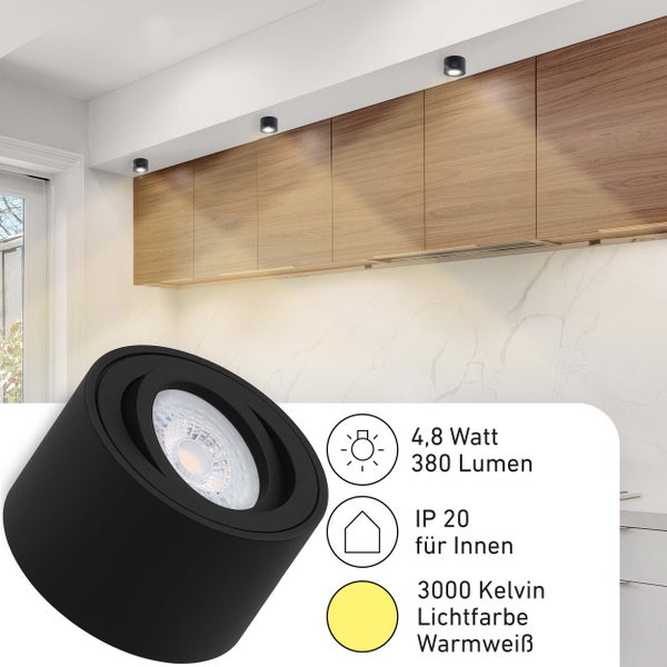 Aufbauspot Lile Schwarz 6 Stück 3-stufig dimmbar LED Modul 3000K warmweiß 4,8W 80x50mm Schwenkbar für Aufputz Montage