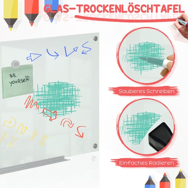 Magnetische Glas-Trockenlöschtafel mit Ablageschale, die sauberes Schreiben und einfaches Radieren ermöglicht.