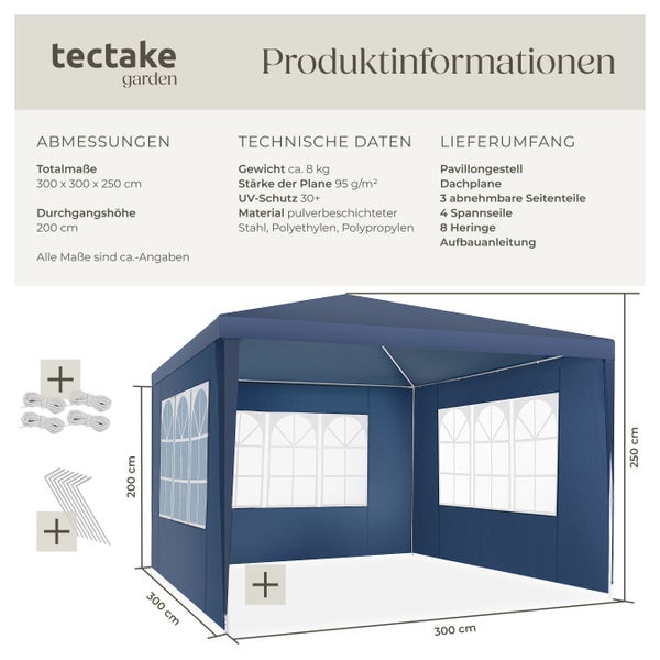 Pavillon tectake Barinas wasserdicht 3 x 3 m, im Stecksystem blau