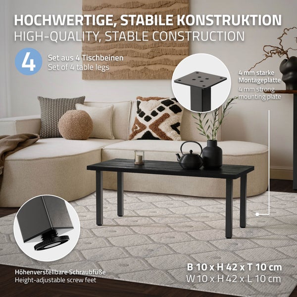 ML-Design 4er Set Tischbeine I-Design 42 cm, Dunkelgrau, Optik Industrial, Stahl pulverbeschichtet, eckig, Profil 4x4 cm, Höhenverstellbare Möbelfüße 1-4 cm, Möbelbeine für Couchtische Bänke TV-Möbel