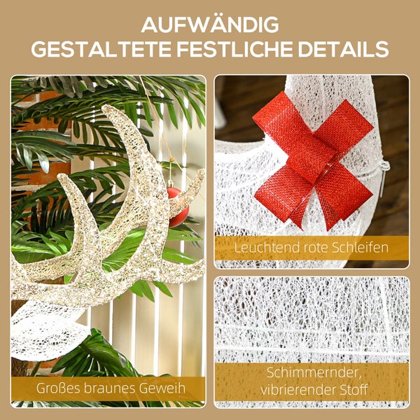 Detailaufnahmen einer Weihnachtsdekoration mit glitzerndem Geweih, einer roten Schleife und weißem, schimmerndem Netzstoff.