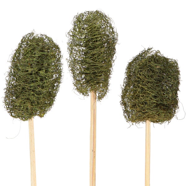 Drei dekorative Moosbälle auf Holzstäben für florale Dekorationen