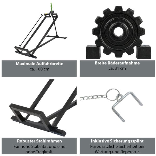 Technische Produktdetails eines Rasentraktor Hebers mit Angaben zu Auffahrbreite, Radaufnahme, Stahlrahmen und Sicherungssplint.