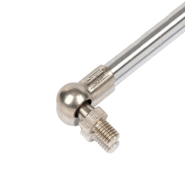 Gasdruckfeder aus Metall mit Kugelgelenk und Gewindebolzen.