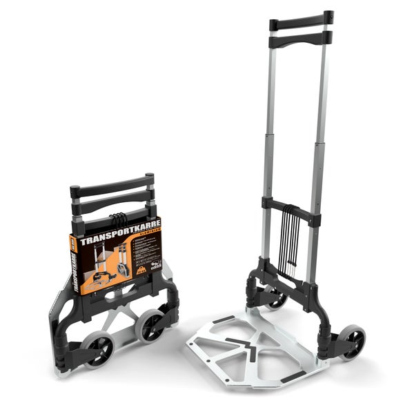 Zwei Aluminium Transportkarren, eine zusammengeklappt mit Verpackung und eine ausgeklappt.