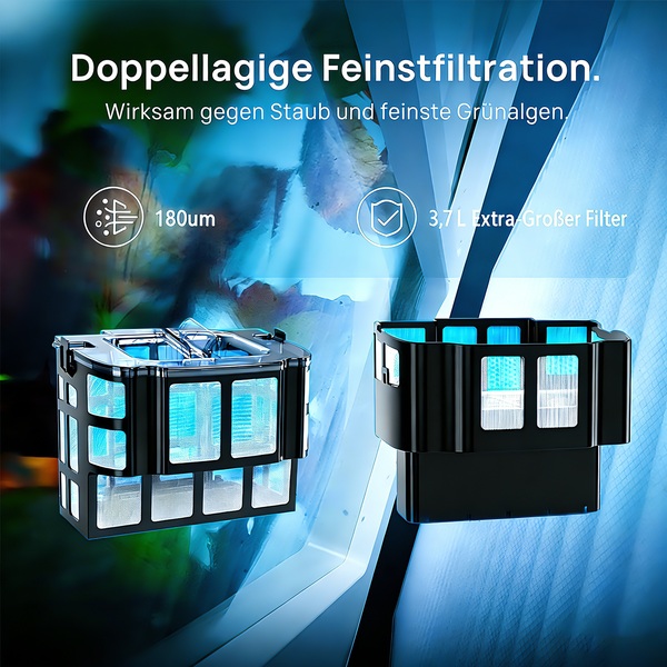 Doppellagige Feinstfiltration für Poolreiniger mit 180 Mikrometer Maschenweite und 3,7 Liter Fassungsvermögen gegen Staub und Grünalgen.