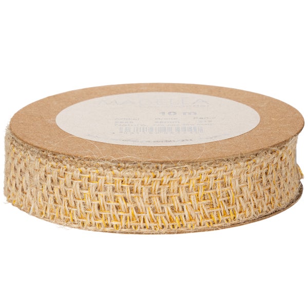 Mabella Dekoband aus Jute mit gelbem Glitzerfaden, 10 Meter Länge, 25 Millimeter Breite.