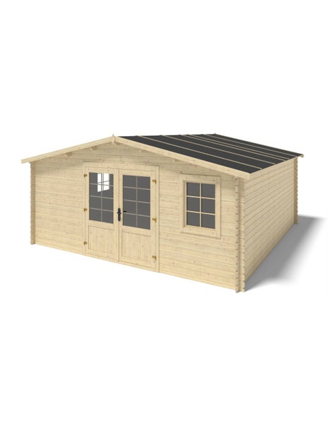 Gartenhaus aus Holz mit Doppelflügeltür, Einzelfenster und Satteldach.
