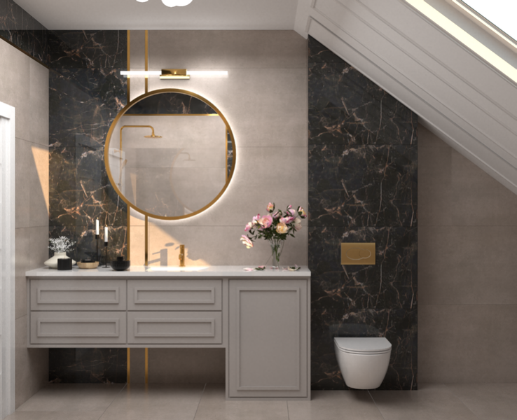 Modernes Badezimmer mit Waschtisch, Spiegel, Toilette und dunklem Marmor