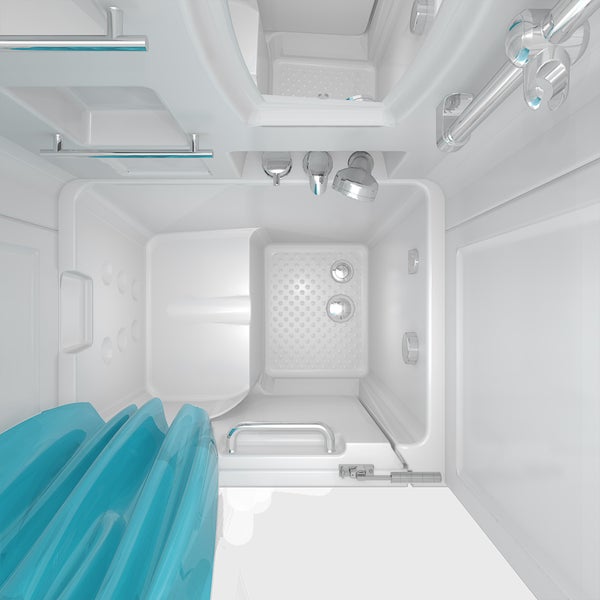 Draufsicht auf eine barrierefreie Sitzbadewanne mit integriertem Sitz, verchromten Haltegriffen, Antirutschboden und blauem Duschvorhang.