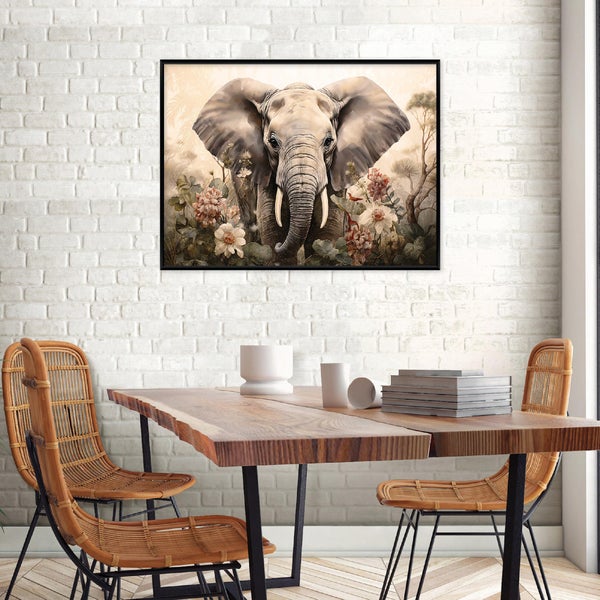 Wandbild mit Elefanten Motiv in einem Esszimmer mit Holztisch und Rattan Stühlen an einer weißen Backsteinwand.