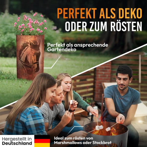 Dekorative Feuerschale mit Pferde Motiv als Gartendeko und für Marshmallows, Hergestellt in Deutschland